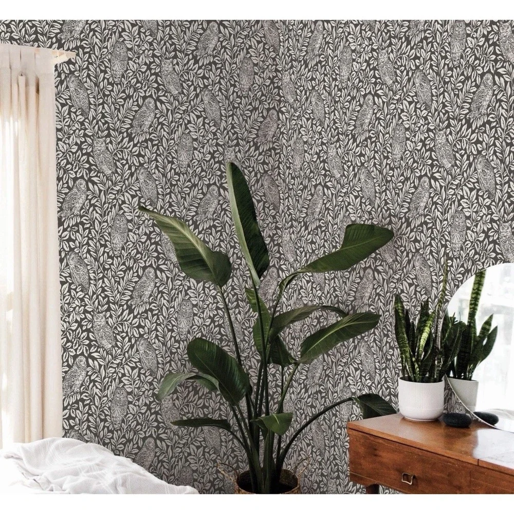 NuWallpaper NUS3625 Sleepy Owls Peel & Stick Wallpaper, Charcoal